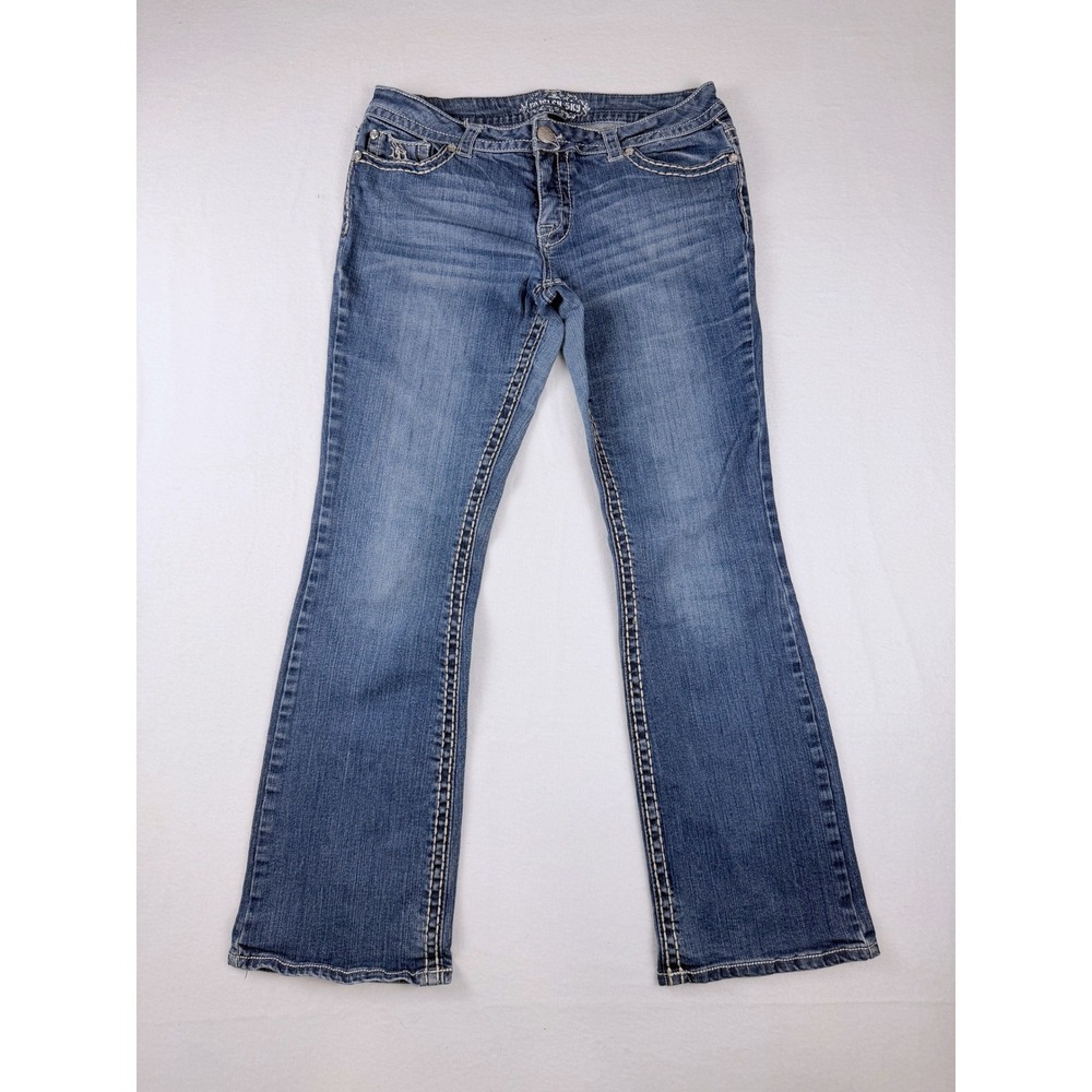Paisley Sky Womens Size 12 Bootcut Jeans Medium Wash Rhinestone Contrast‎ Stitch